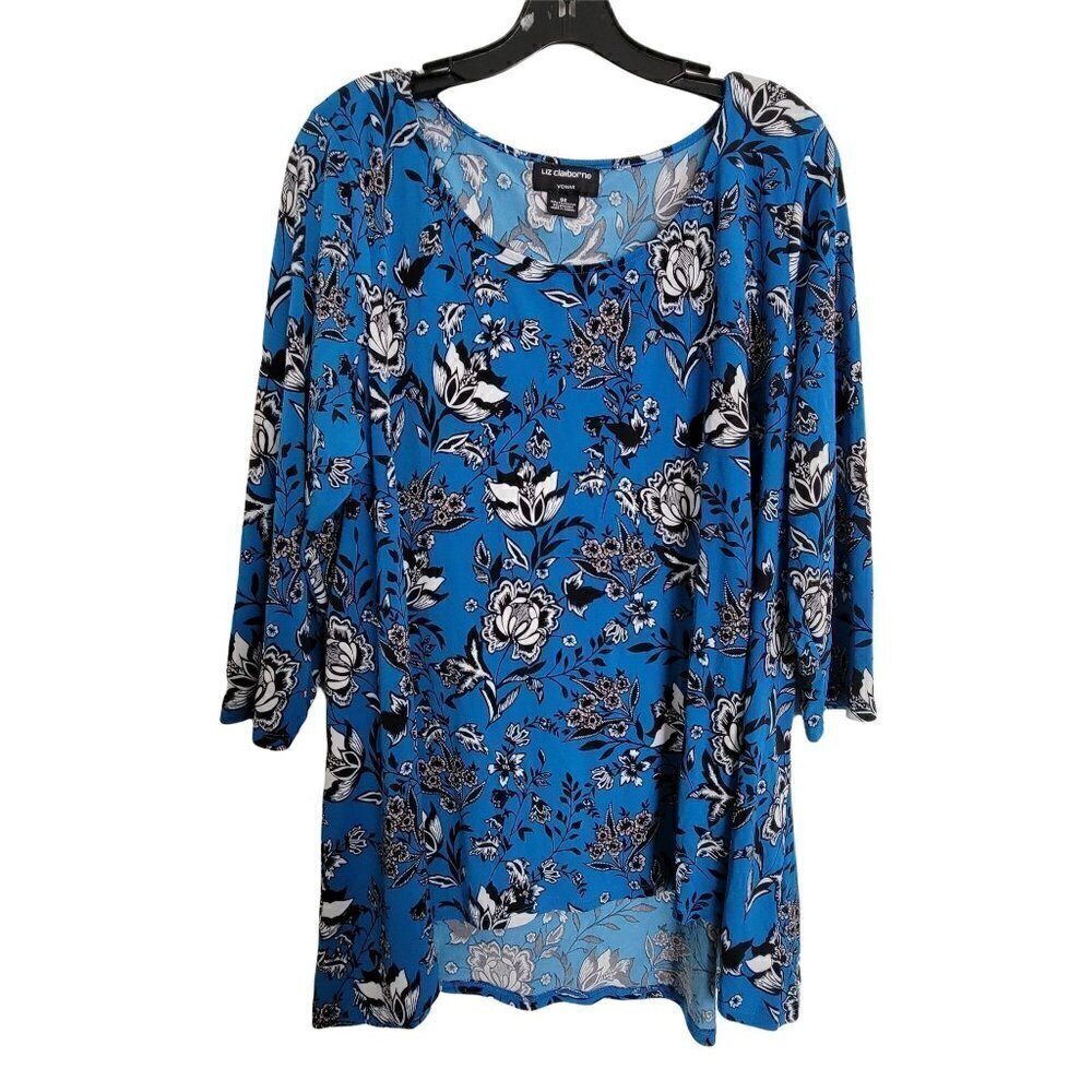 Liz Claiborne Blue Black Floral Pattern Long Sleeve Tunic Top Blouse Size 0X